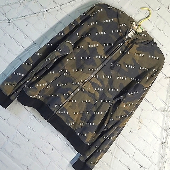 2018 Victoria's Secret PINK All Over Logo Spellout Army Camo Full Zip Hoodie L - Picture 5 of 17